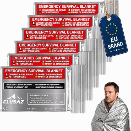 CLUSAZ 6 Mantas Térmicas de Emergencia XL (210 × 160 cm) Reutilizables – Retienen hasta 90% del Calor Corporal – Camping, Coche, Supervivencia