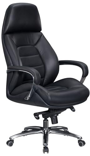 AMSTYLE Designer Bürostuhl Bezug Echtleder Schwarz Schreibtischstuhl bis 120 kg, XXL Design Chefsessel höhenverstellbar, Drehstuhl ergonomisch mit Armlehnen & hoher Rückenlehne, Wippfunktion