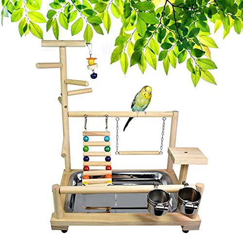 Parco Giochi per Pappagalli, JasCherry Supporto per Uccelli in Legno, Parco Giochi Uccelli con Vassoio di Alimentazione Oscillazione Giocattolo da Masticare, Adatto a Pappagalli e Uccelli Vari