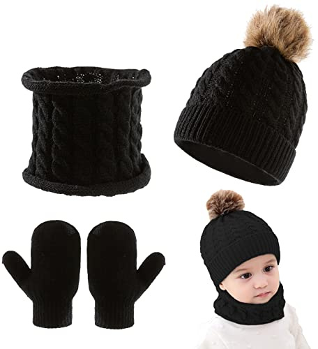 Lot de 3 bonnets écharpes gants tricotés pour bébé gants chauds d'hiver pour tout-petits garçons et filles 0 à 3 ans