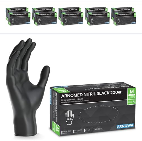 2000x ARNOMED Einweghandschuhe Schwarz, Einmalhandschuhe M, Nitrilhandschuhe (10x200 Stk), Handschuhe Einweg puderfrei, Gummihandschuhe Einweg, Handschuhe Nitril, Einmalhandschuhe in S, M, L & XL