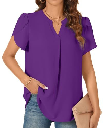 TAOHUADAO Womens Dressy Chiffon Blouses Summer Casual T-shirts Petal Short Sleeve V Neck Tunic Tops for Leggings XL, Purple