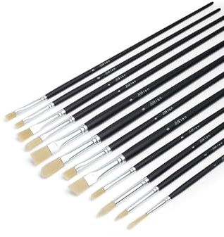 Elan Pinsel Set mit Langer Stiel, 12-teilige Borstenpinsel Set mit synthetischem Schweinshaar, Pinsel Ölmalerei, Schräg, Filbert, Flach, Rund, Liner