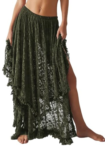 Yimoon Lace Skirts for Women Asymmetrical Flowy Boho Maxi Skirt(Army-L)