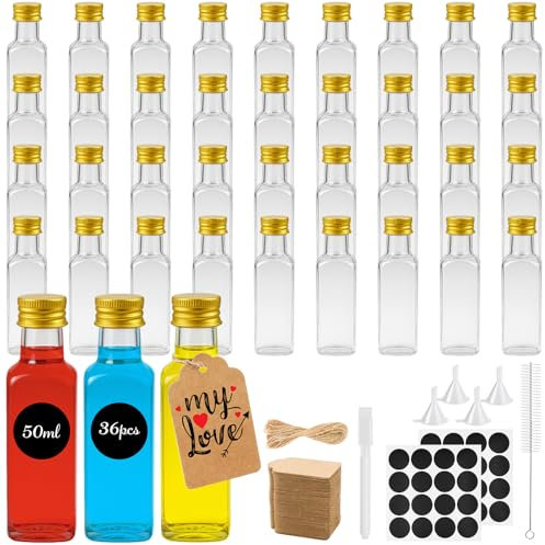 Sinofort 36 Pezzi Mini Bottiglie Per Liquore, 50ml Bottigliette Liquore Mignon, Riutilizzabili Bottiglie Vuote di Plastica con Tappi a Vite, Etichette, Spago e Imbuto per Zenzero, Succo, Bevande