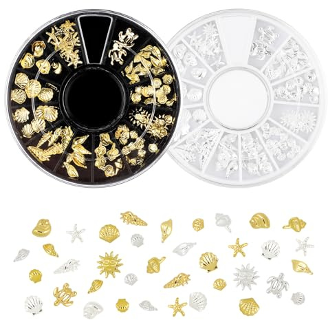 2 Disc Ocean Nail Charms Nail Art Stickers,12 Styles Sea Beach Starfish Seashell Nail Charm Decals,3D Alloy Nails Gems Decoration Sticker for Manicure DIY Embellishments Decor(Gold and Silver)