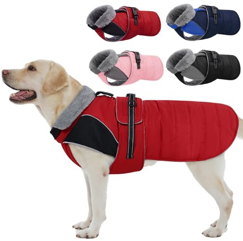 Nanaki Large Dog Coats for Winter Waterproof, Warm Fleece Lining Reflective Large Dog Jacket with Leash Hole,Furry Collar Cold Weather Puppy Jacket Outdoor Walking Hunting Easy On Pet Snow, Red 2XL