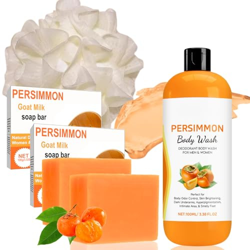 Persimmon Soap for Nonenal & Body Wash Set – 2 Persimmon Goat Milk Soap Bars,Shower Gel & Bath Sponge – Anti Odor Persimmons Body & Face Soaps – Deep Cleansing & Deodorising Skincare for Women & Men