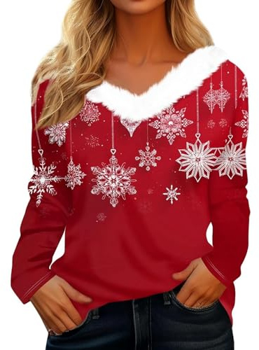 Camiseta de Navidad para mujer con cuello de piel sintética, parte superior de manga larga con estampado de copos de nieve, camiseta festiva de invierno en color rojo, Style_s01 Red, L