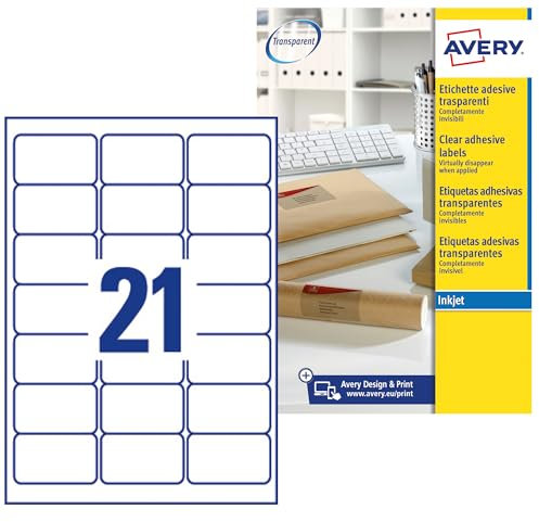 AVERY Zweckform J8560-25 Adressetiketten/Adressaufkleber (525 Etiketten, 63,5x38,1mm auf A4, bedruckbar, selbstklebend, für DIN B6/C6 Briefkuverts, Polyesterfolie, Inkjet-Drucker) 25Blatt, transparent