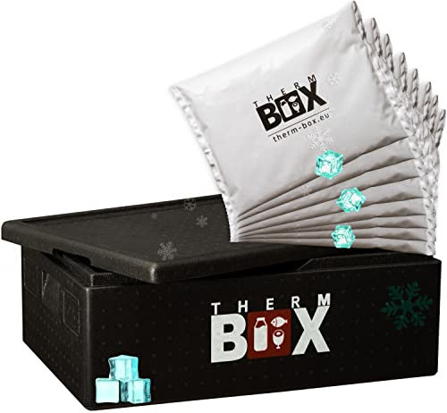 THERM BOX Styroporbox B53 mit 8X Kühlakku 53L Kühlbox Innen: 62,5x42,5x22cm Transportbox Wiederverwendbar für E2 Kiste