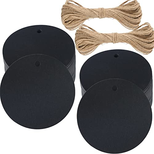 G2PLUS 100 PCS Etichette Regalo,Etichette in Carta Kraft,5.5x5.5CM Tag Regalo Etichetta Rotonda con Spago in Juta per Matrimoni,Compleanni e Natale (Nero)