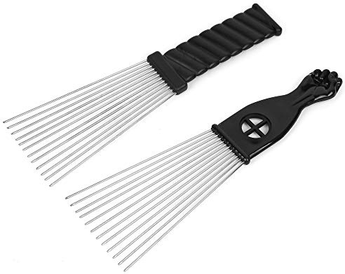Folansy Afro Comb Metal African American Pick Comb Hairdressing Styling Tool, 2 Pack (Black-4, 2piece Assortment, Wide Teeth, Classic Black Fist Design, For Curly Hair and Afro Hairstyle)