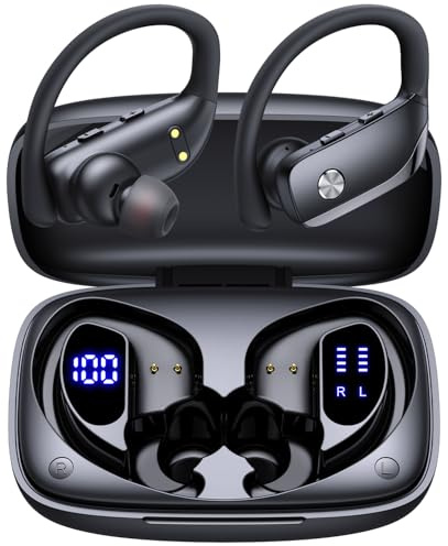 bmanl Wireless Earbuds Bluetooth Headphones Over Ear Hooks Ear Buds with 80H Playtime, LED Power Display, Dual Mic Clear Calls, Sports Wireless Ear Buds Bluetooth Earbuds for Running Gym Workout Black