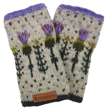 Pachamama Women Wool Hand Wrist Warmers Fleece Lined Handknitted Scots Thistle Design Multicoloured One-Size Handmade Extra Warm Fair Trade