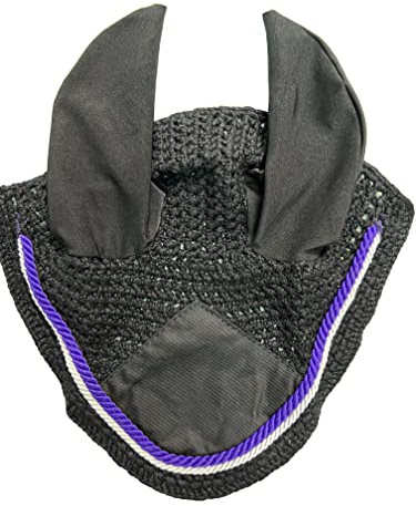 Spire Voile anti-mouches doux au crochet pour cheval en coton respirant, filet d'oreille avec capuche, masques de protection contre les mouches pour chevaux (Cob, noir/violet-blanc)