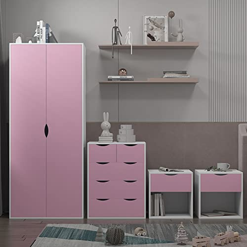 AFN Home Delvito 4 Piece Bedroom Furniture Set - Includes Wardrobe, 5 Drawer Chest, Bedside Cabinet (Pink on White)