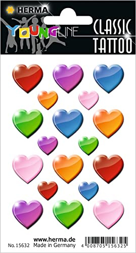 HERMA 15632 Temporäre Tattoos Herzen, 18 Stück, Klebetattoos zum Aufkleben, Fake Tattoos Aufkleber mit bunten Herz Motiv, Kindertattoos Sticker für Geburtstag Fasching Karneval Kinder Erwachsene