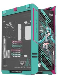ASUS ROG Strix Helios II Hatsune Miku Edition EATX Mid-Tower PC-hölje (glaspanel, 4 x förinstallerad 140 x 28 mm fläkt, aluminiumram, GPU upp till 450 mm, 420 mm radiatorhållare) | Grönblå