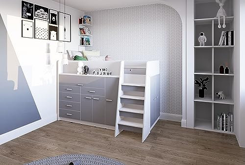 Marlux-Meble Hochbett JSM-1 80x190 TREPPE RECHTS 129 cm Hoch mit Kleiderschrank Schreibtisch Schränke Matt Funktionsbett Etagenbett Stockbett Kinderhochbett Jugendhochbett (Graphit Matt)