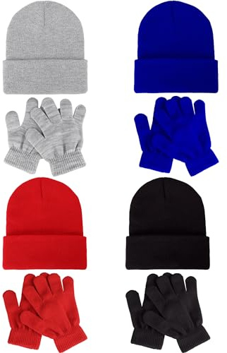 Glooarm 8 Pack Kids Beanie Hats and Gloves Set Kid's Knitted Beanies Hat Winter Gloves for Boys Girls