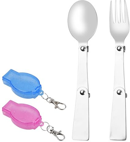 Hoxfly 2 Stück Faltbares Löffel und Gabelset, Faltbare Löffel, Faltbare Gabeln, Gabeln und Löffel aus Edelstahl 304, Faltbares Besteck mit Kunststoff Aufbewahrungsbox für Wandern Geschirr Traveller