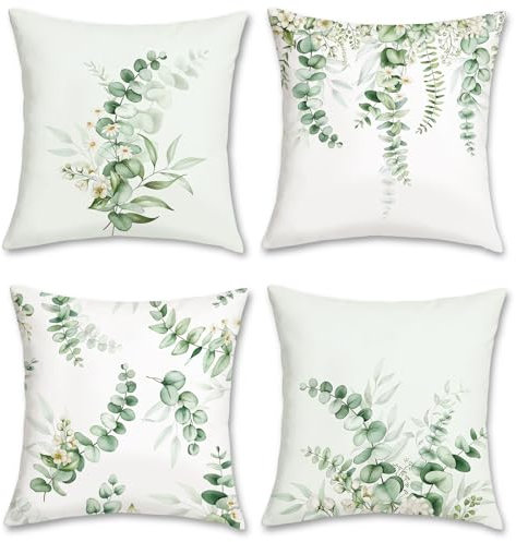 Bonhause 4er Set Kissenbezüge Eukalyptus Blätter 45 x 45 cm Salbeigrüne Blätter Weiße Blumen Dekorative Kissenhülle Zierkissenbezüge für Sofa Schlafzimmer Zuhause Garten Dekoration