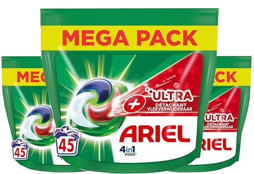 Ariel Detergente para ropa en cápsulas 4 en 1 + Quitamanchas ultra - 3 x 45 lavados