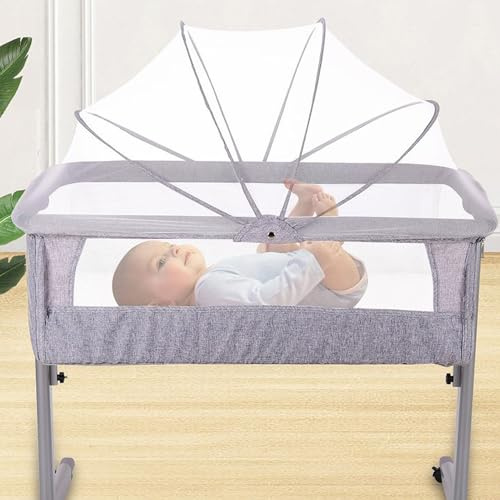 Supfine Calidoo Culla Fianco Letto, Culla Neonato con Ruote, Culla Co-sleeping con Materasso, Zanzariera, per Neonato e Bambini fino 15kg, Leggero, Stabile, Regolabile (Grigio, 96x57x77cm)