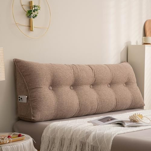 Flachs Rückenkissen Bett, Ergonomisch Keilkissen für Nacken, Schulter, Rücken- und Lendenwirbelstütze, Abnehmbarer & waschbarer Bezug, Lesekissen Rückenlehne zum Lesen, Fernsehen,Light coffee,100CM
