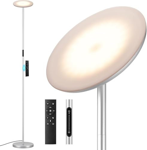 PreeOtti Lampada da Terra LED, 36W Dimmerabile Piantana Lampada da Terra, 3000K-5000K Stepless Lampada Salotto con Telecomando e Tocco per Soggiorno Ufficio Camera da Letto(Grigio Argento)