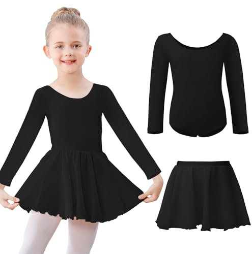 Kefiyis Ballettkleidung Mädchen Ballettkleid Langarm Ballettanzug Kinder Balletttrikot Tanzkleid Baumwolle Tanzbody mit Ballettrock Tütü Ballerina Kleid 3-11 Jahre Schwarz 150