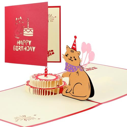 AOUZO Pop Up Karte Geburtstag, Lustig 3D Geburtstagskarte Katze Happy Birthday Einzigartig und Kreatives Karte Katzen Popup Karte für Frauen Männer Mädchen Junge Katzeeliebhaber Geburtstagskarte(Got)