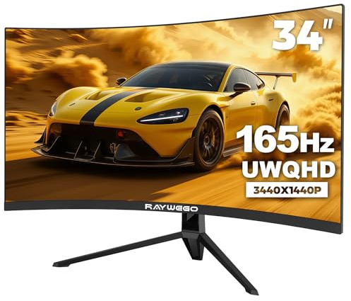 Raywego 34-Inch Curved Gaming Monitor UWQHD 3440 x 1440 Up to 165Hz Curved 1500R - PIP/PBP, 1ms(MPRT), HDR, 300nits, sRGB 99%, DCI-P3 95%,FreeSync,HDMIx2,DP1.4 x2 (DP Cable Included)