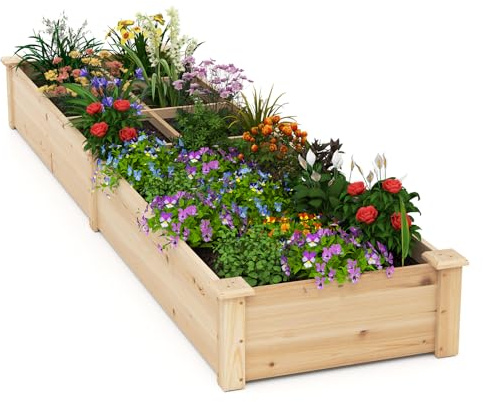 COSTWAY Lettino da Giardino Elevato in Legno con 2 Scatole per Piante e Separatori, Fioriera da Giardino Rialzato in Legno Massiccio da 228 cm per Fiori, Verdure, Frutta e Erbe (Naturale)