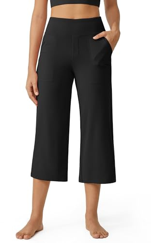G4Free Womens' Yoga Capri Pants Wide Leg High Waist Summer Cropped Trousers with Pockets Work Casual(Black,M,Tall)