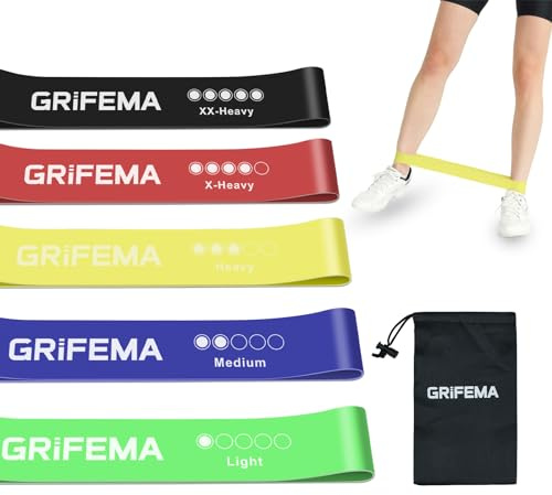 GRIFEMA GAK5001 - Set di 5 fasce di resistenza, per uomini e donne, 5 diversi livelli, elastiche, per casa, palestra, yoga, allenamento