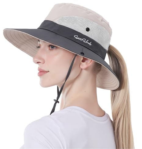 SEFIRST Femme Soleil Chapeau l'Extérieur UV Protection Pliable Large Bord Pêche à Cheval Queue UPF 50+, Outdoor Summer Randonnée Chapeau De Brousse Queue De Cheval en Maille