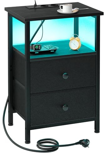 AMHANCIBLE Nachttisch mit LED-Leuchten, Beistelltisch mit Ladestation, 3-stufiger Sofatisch mit 2 Stoffschubladen, Nachtschrank aus Holz mit offenem Regal für Schlafzimmer, Wohnzimmer EHETS02BK-1