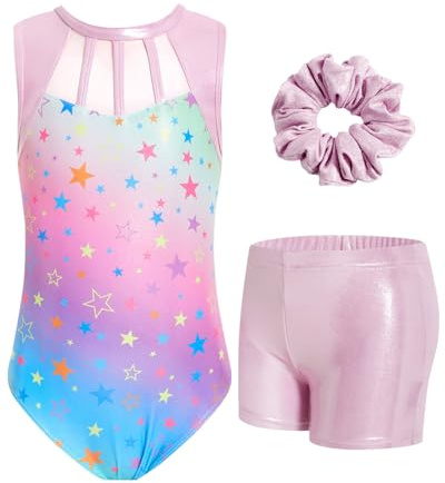 JiAmy Justaucorps de gymnastique pour filles Biketards Unitards scintillants avec shorts Tenues de danse ballet acrobaties pour 3-12 ans, Motif étoiles Vert, 5-6 ans