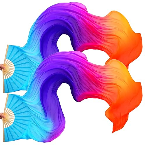 2 PCS Women Belly Dance Fans Handmade Faux Silk Fans Colorful Long Streamers Veil Fan Professional Chinese Bamboo Foldable Fan for Dancing Performances