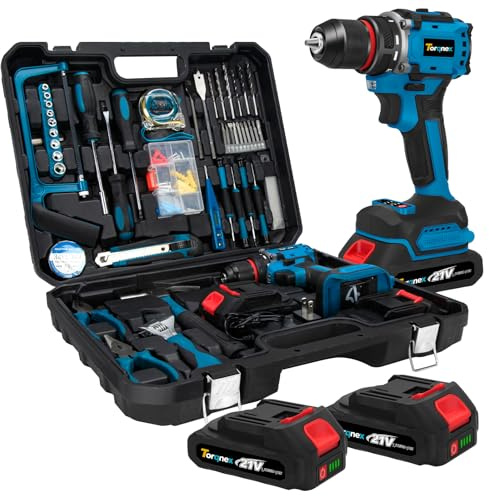 Torqnex 21V Brushless Cordless Drill Set, 2-Pack 2Ah Fast Charging Batteries - 119-Piece Electric Power Drill & Screwdriver Kit for Home Renovation, Gardening, DIY Household Use