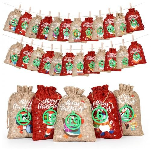 24 Pieces Christmas Advent Calendar Fillable, 24 Days Christmas Calendar Countdown Burlap Bags with Number Tags, Clips and String