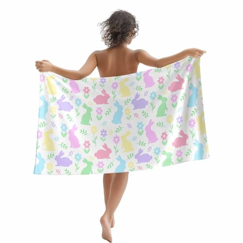UCOTOO Easter Bunny Beach Towel Rabbit Flower Leaves White Microfibre Large Beach Towels Oversized Quick Dry Sand Free Travel Towel for Pool Yoga Gym Camping Easter Decorations 30x60 Inch