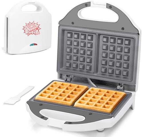 AshGlen Mini Gaufrier Céramique 2 Tranches, Gaufrier Belge Électrique pour Petit Déjeuner, Double Petit Gaufrier, 2×10cm Gaufres avec plaques antiadhésives sans PFAS, Blanc