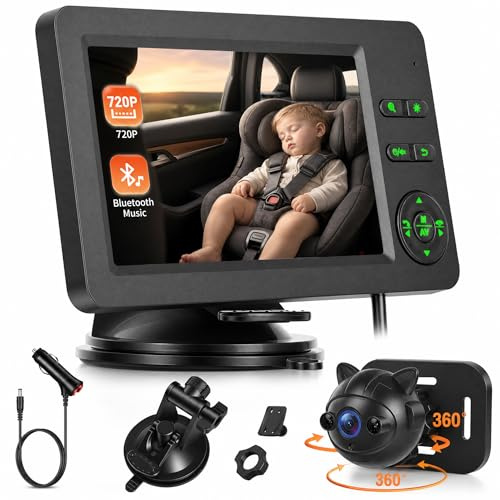 Hikity Cámara de Coche para Bebé 4,3 Pulgadas LCD Display Bluetooth, Sonidos Relajantes, Visión Nocturna, 360° Giratorias, Instalación Sencilla, Compatible con Limusinas, Furgonetas y SUV