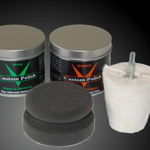 CUSTOM POLISH Polierset 800g Chrompolitur Aluminiumpolitur Chrom Edelstahl Alu Politur + Polieraufsatz in Kegelform + Profi Polierpad Applikator (EINWEG Verpackung)