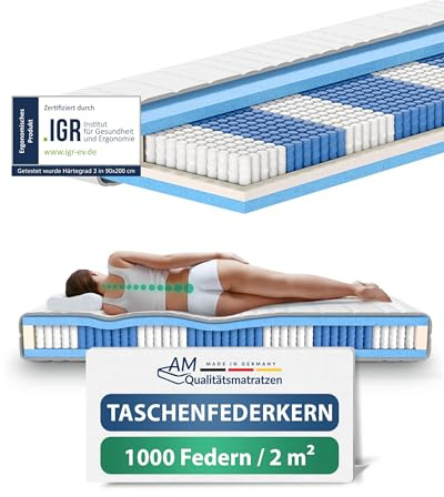 AM Qualitätsmatratzen AMQ Sleep Matelas 140x190 à Ressorts Ensachés - 1000 Ressorts, 7 Zones de Confort, Confort Ferme 24 cm - Fabriqué en Allemagne, Housse Lyocell Oeko-TEX - Matelas 2 Personnes