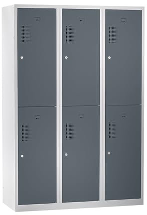 eurokraft | Doppelstock-Spind | 3 Abteile | Breite 1200 mm | 6 Fächer | lichtgrau/basaltgrau
