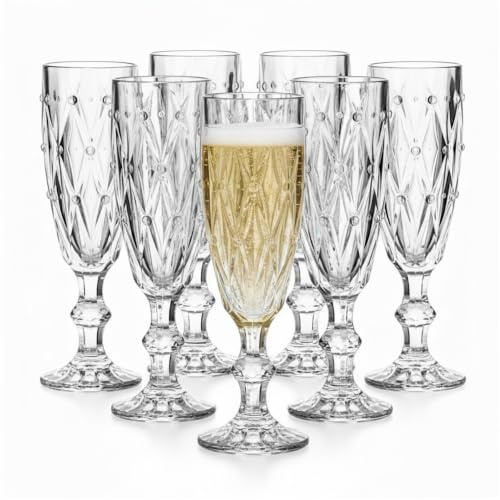 Champagneglas set om 6, champagneglas vintage diamantslipning, champagneglas, retro champagneglas, champagneflöjt, eleganta champagneglas champagnebägare, okrossbar sköljmaskinsäker kristallglas